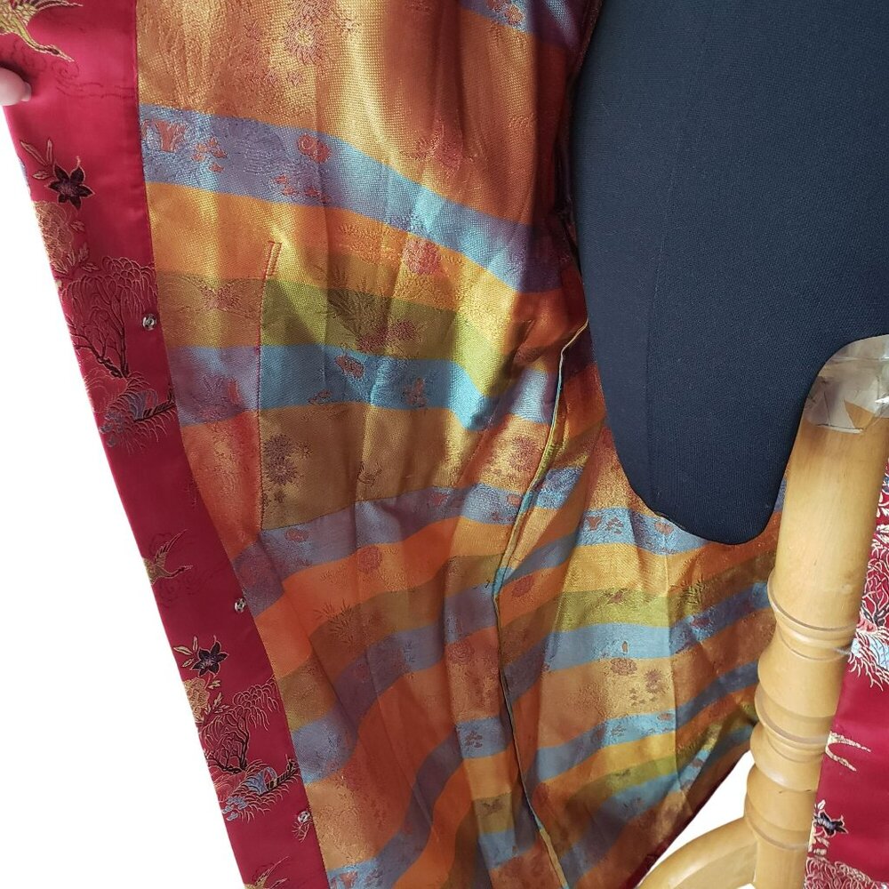 Vintage Red Embroidered Long Kimono Robe with Belt Made in China - Picture 10 of 13